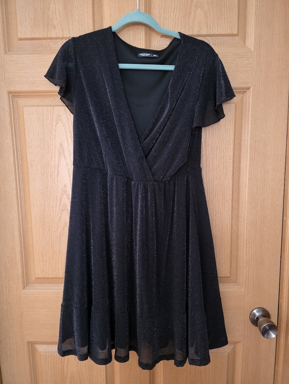 NWOT SHEIN Curve Black Shimmer Dress Flutter Sleeve V-Neck Fit & Flare 0XL